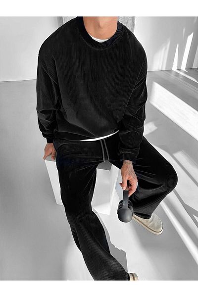 ablukaonline Hanorac oversize din catifea pentru bărbați negru - gât rotund, design cu nervuri