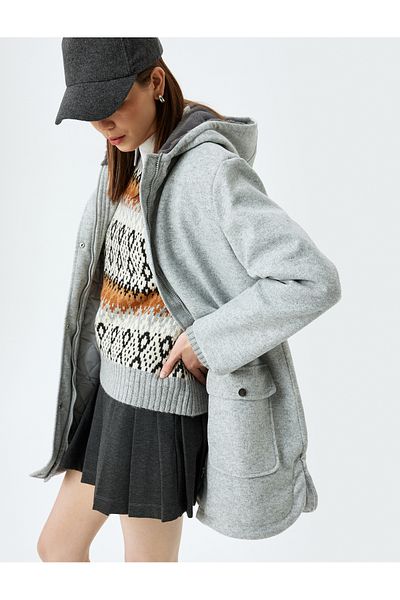 Koton Faux Fur Collar Hooded Zippered Pocket Lined Coat