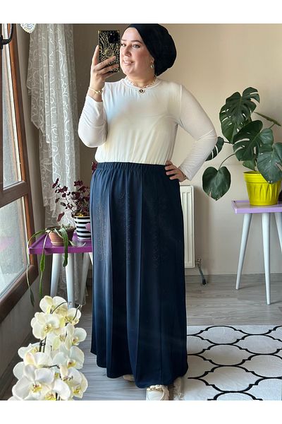 TDYtrendy Giyim Mother's Elastic Waist Winter Steel Neck Stoned Large Size Skirt