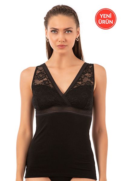 ÖZKAN underwear Özkan 25359 Women's Cotton Single Jersey Flexible Comfortable Soft V-Neck Lace Detailed Thick Strap Undershirt