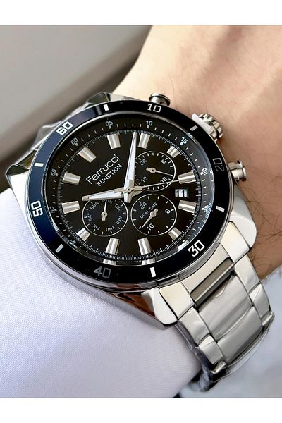 Ferrucci Men's Silver Black /Functions Metal Band Wristwatch with Active Calendar - Double Watch Display
