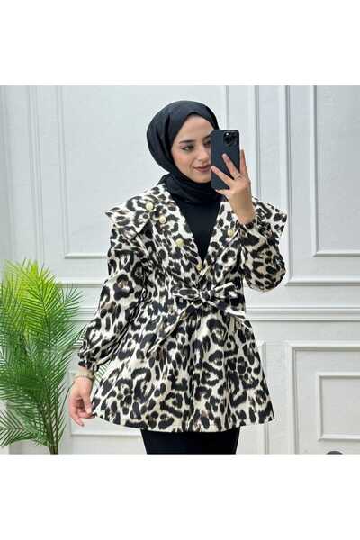 POLANGEL Leopar Desenli Trençkot Kemer Detaylı