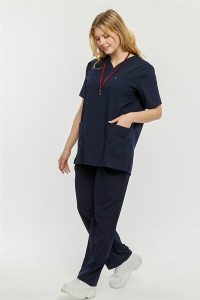 Çatı Medikal Ultralycra Comfy - Large Size Lycra Doctor Nurse Uniform Set (Unisex), Navy Blue