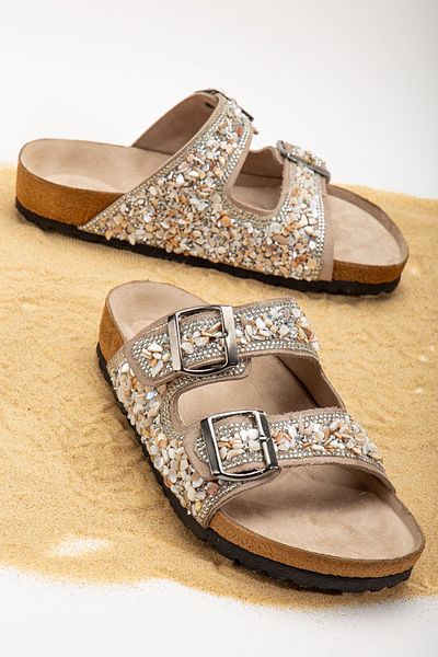 Hayalimdeki Ayakkabı Beti Beige Suede Double Strap Slippers