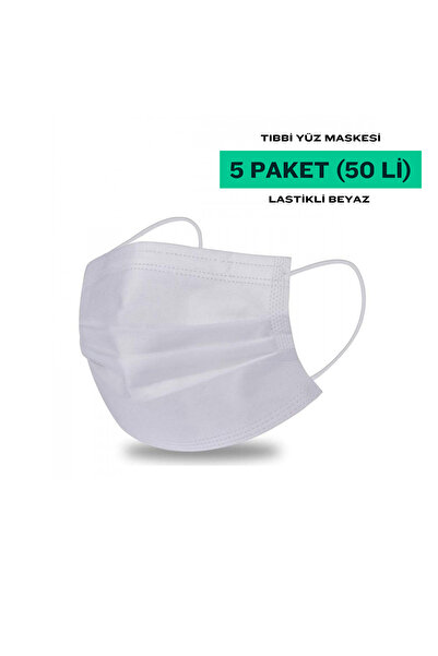 Medicalx Lastikli Beyaz Tıbbi Yüz Maskesi 3 Katlı 50 Adet (5 PAKET)