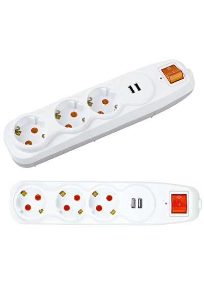 Depolife Voltaj Akım Korumalı 3lü Grup Priz Çocuk Koruma 2'li Usb Şarj 1,5 Mt Uzatma Kablolu Işıklı Anahtarlı