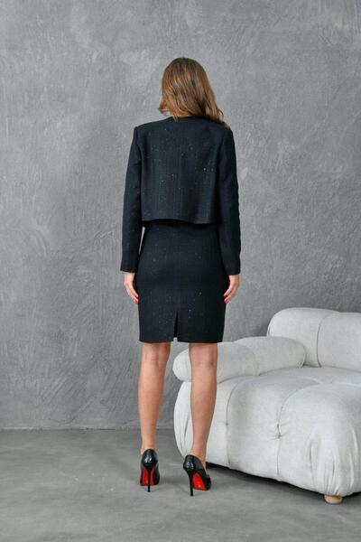 nodilife Taşlı Ceketli Elbiseli Kadın Takım Elbise Siyah