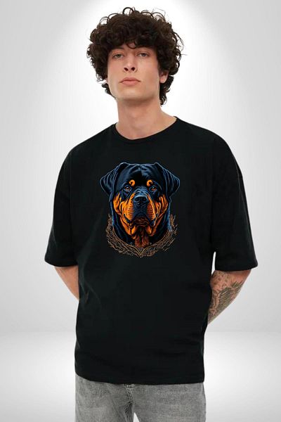 Angemiel Rottweiler Big Head Cotton Crew Neck Women Men Oversize Boyfriend Digital Printed Black T-sh