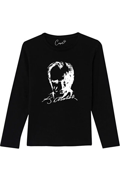 Çapıt Unisex 100% βαμβακερό λευκό Atatürk Silhouette με στάμπα μακρυμάνικο 10...