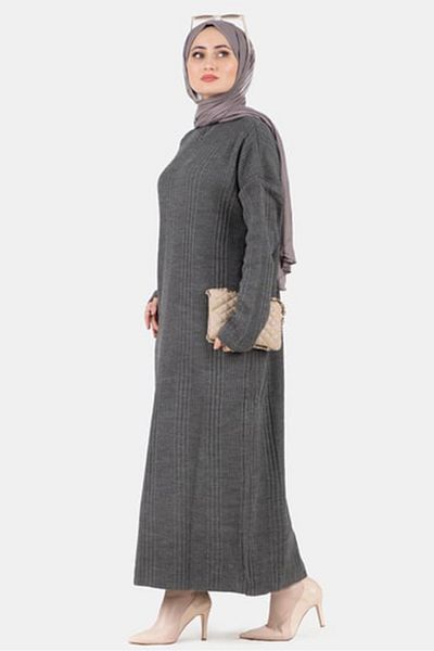 Bestenur Anthracite Corded Knitwear Dress - 749