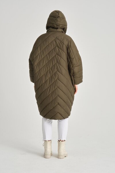 della moor Women's Khaki Hooded Elastic Oversize Quilted Long Coat