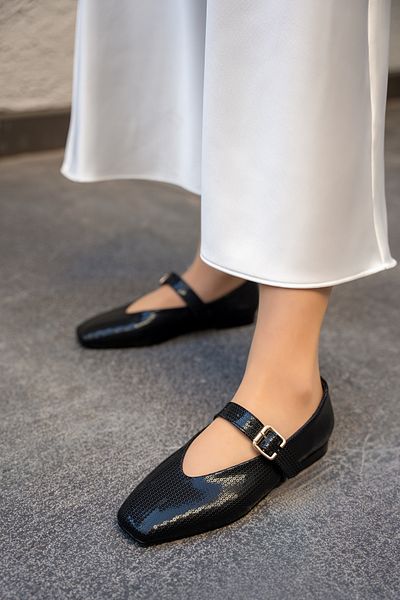 LAMİNTA Pantofi cu toc Troco Black Satin Stone cu curea cu cataramă legată