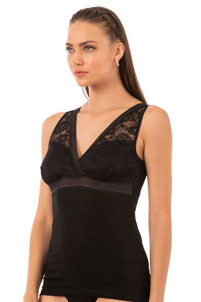 ÖZKAN underwear Özkan 25359 Women's Cotton Single Jersey Flexible Comfortable Soft V-Neck Lace Detailed Thick Strap Undershirt