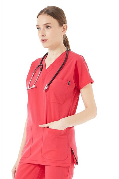 Çatı Medikal Spaniard Ultralycra - Scrubs Doctor Nurse din Lycra (FEMEI), Tricou chirurgical cu o singură parte cu flori de rodie