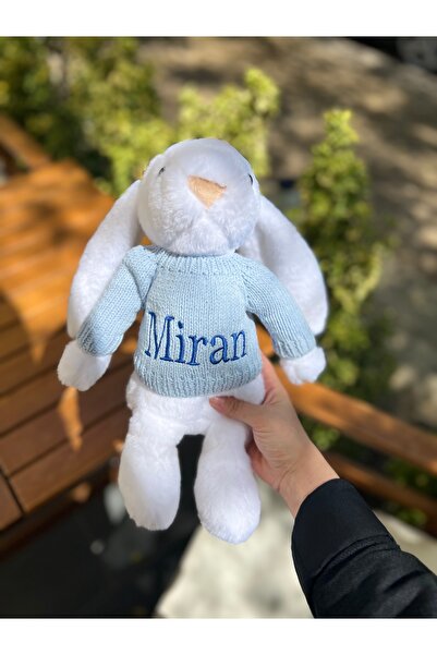 Tasarım Kişiye Özel Tasarlanan Mavi Kazaklı Uyku&Oyun Arkadaşı Beyaz Tavşan
