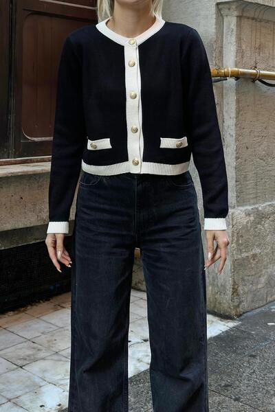 Swist Black Tivit Garnished Stripe Detail Gold Buttoned Women's Knitwear Crop Cardigan