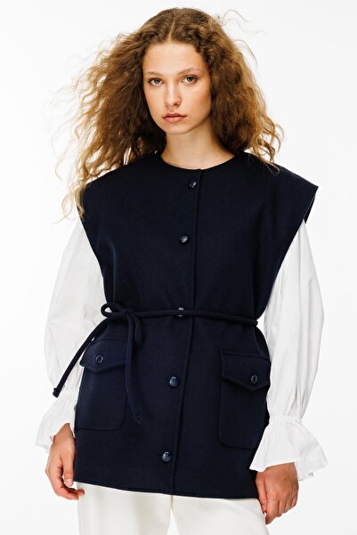 Hooopstore Navy Blue Stamped Vest with Button Detail