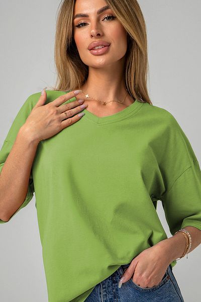 Happy Fox Grass Green V-Neck Oversize Cotton Lycra Women's T-Shirt