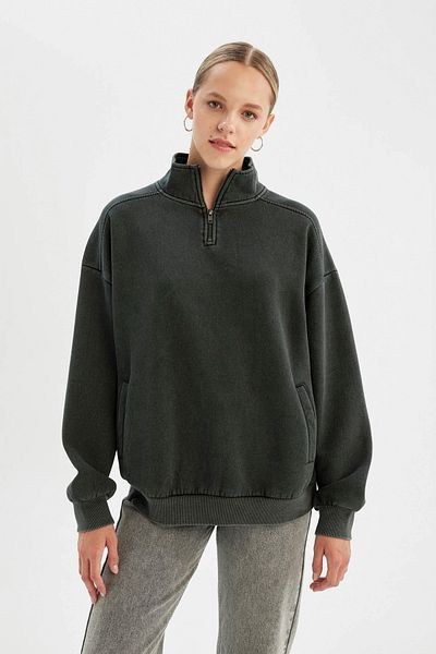 DeFacto Oversize mikina Wide Fit z tlusté tkaniny s polovičním zipem