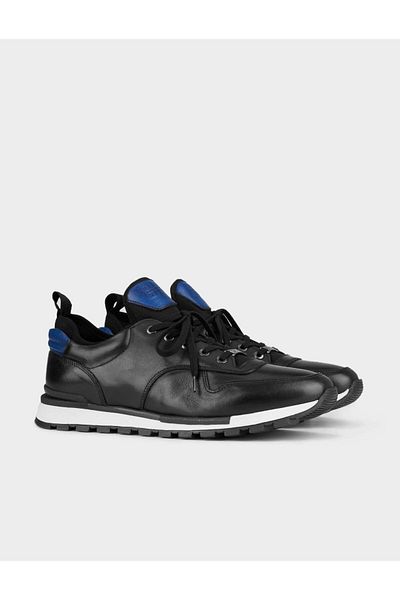 Cabani Blue Ankle Detailed Genuine Leather Black Lace-Up Men's Sports Shoes
