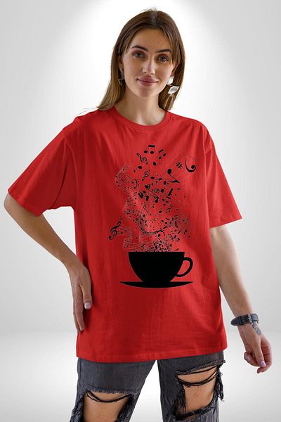 Angemiel Brown Music Musical Note Cotton Crew Neck Women Men Oversize Boyfriend Digital Printed Red T-shirt