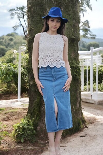 yagmurberen Full Likralı Önden Yırtmaçlı Cepli Kadın Kot Etek Maxı