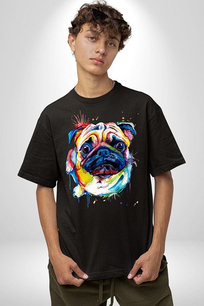 Angemiel Watercolor Pug Dog Cotton Crew Neck Women Men Oversize Boyfriend Digital Printed Black T-shi