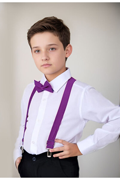 Delfini kids Mor Askı, Papyonlu... Beyaz Çocuk Gömlek