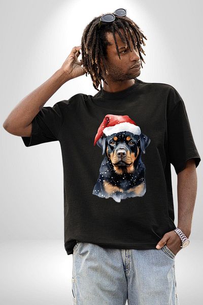 Angemiel New Year Christmas Rottweiler Cotton Crew Neck Women Men Oversize Boyfriend Digital Printed Black