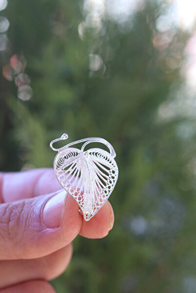 Midyat Nurtaş Gümüş Kalpli Yaprak Model 925 Ayar Gümüş Saf Telkari Broş 201023411