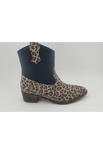 VİNİCCİ AYAKKABI Genuine Leather Leopard/Black Kovboy Boots