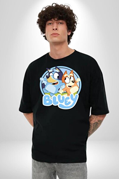 Angemiel Bluey Cotton Crew Neck για Γυναικεία Ανδρικά Oversize Boyfriend Ψηφιακό εμπριμέ μαύρο μπλουζάκι