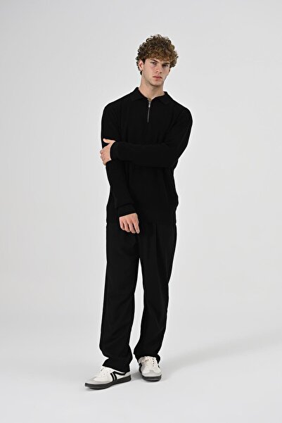 Dembu Polo Yaka Uzun Kollu Triko Tişört Siyah