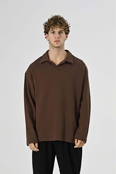 Dembu Polo Yaka Oversize Triko Kazak Kahverengi