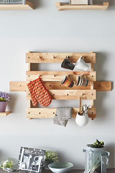 Macco Mobilya Natural Signature by Macco - Duvar Rafı Askılık Masif Kauçuk Ağacı Mutfak Tereği