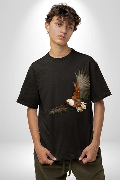 Angemiel Eagle Freedom Cotton Crew Neck Women Men Oversize Boyfriend Digital Printed Black T-shirt