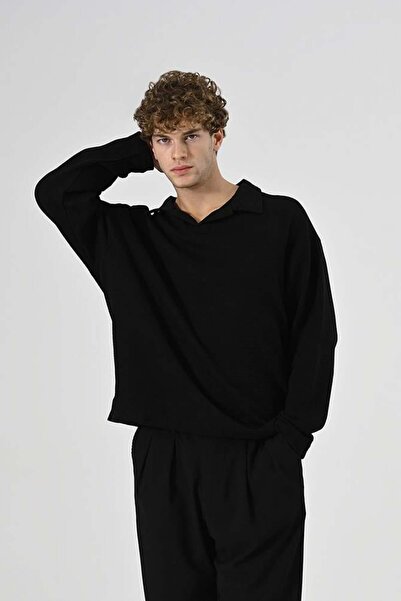 Dembu Polo Yaka Oversize Triko Kazak Siyah