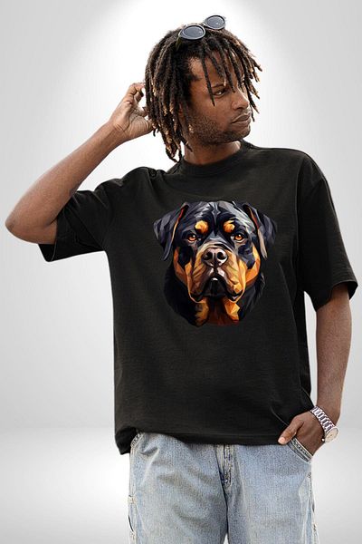 Angemiel Rottweiler Head Cotton Crew Neck Women Men Oversize Boyfriend Digital Printed Black T-shirt