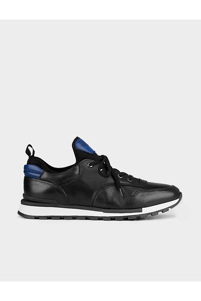 Cabani Blue Ankle Detailed Genuine Leather Black Lace-Up Men's Sports Shoes