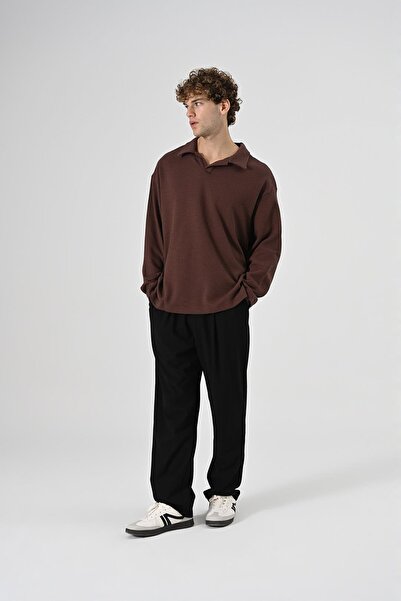 Dembu Polo Yaka Oversize Triko Kazak Kahverengi
