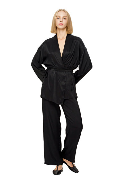 BELONGS TO HER Mia Kimono Ceket Bluz - Siyah Saten Dokulu Şık Bluz