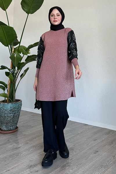 InStyle Leather Glittered Dried Rose Knitwear Tunic with Sleeves