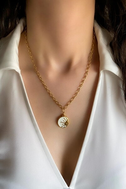 DEMOKAN قلادة نسائية من الفولاذ باللون الأبيض على شكل نصف شمس