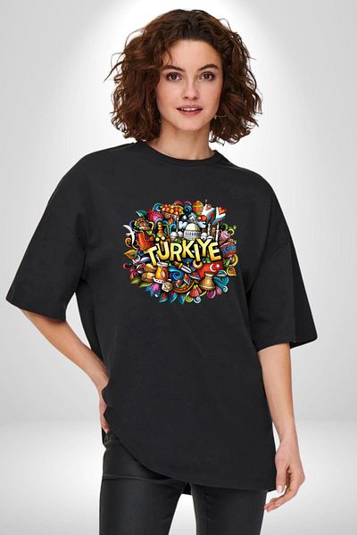 Angemiel Turkey Special Characters Cotton Crew Neck Women Men Oversize Boyfriend Digital Printed Black