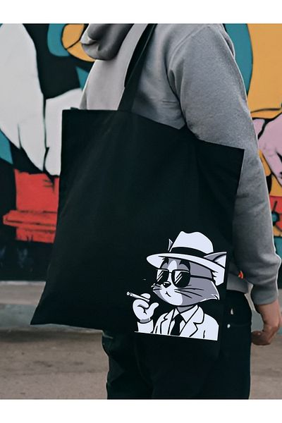 Cemira Smoke Cat Design Μαύρη χοντρή πάνινη τσάντα, Τσάντα ώμου, Τσάντα Tote, Unisex Street Style