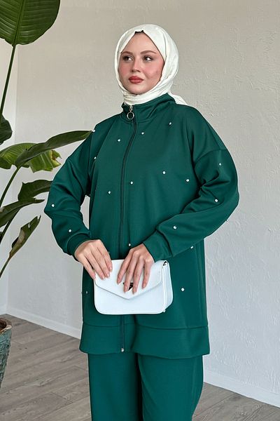 InStyle Stone Detailed Zippered Emerald Green Scuba Set