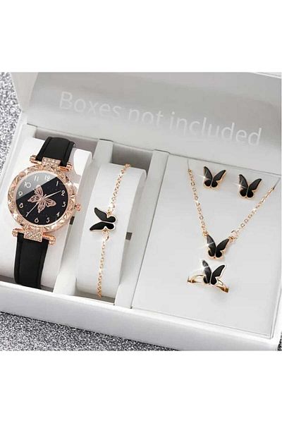 Beyna Rose Gold Plated Butterfly Necklace Earrings Bracelet Ring Watch Set