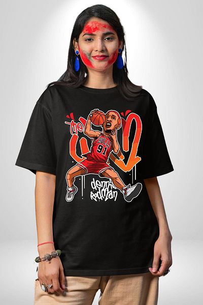 Angemiel Chicago Bulls 91 Dennis Rodman Cotton Crew Neck Women Men Oversize Boyfriend Digital Printed