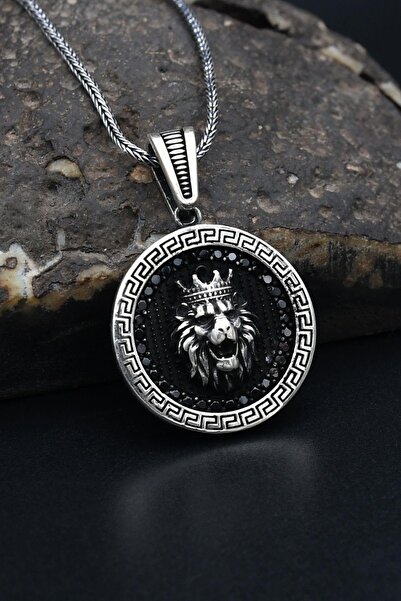 Prestige Grek Desenli Kral Taclı Aslan Figürlü 925 Ayar Gümüş Kolye Zincir 90...