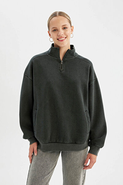 DeFacto Oversize mikina Wide Fit z tlusté tkaniny s polovičním zipem